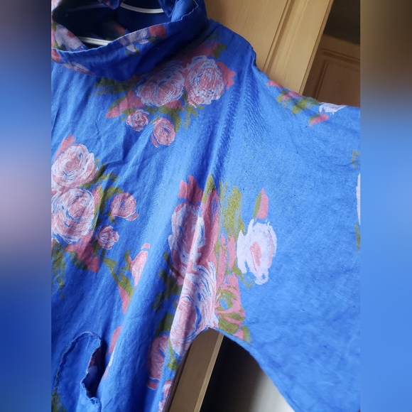 100% Linen In Floral Blue Hooded Tunic Pockets - Picture 6 of 8